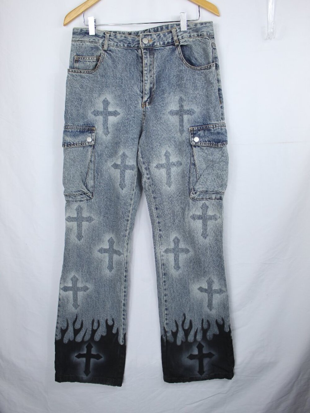 Vamtac Men's Denim Jean Y2K Pants Harajuku Baggy Crosses & Flames SZ 32 Y2K VTG